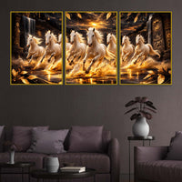 White Horses Running In Golden Splashing Water Floating Frame Crystal Wall Painting Set of 3