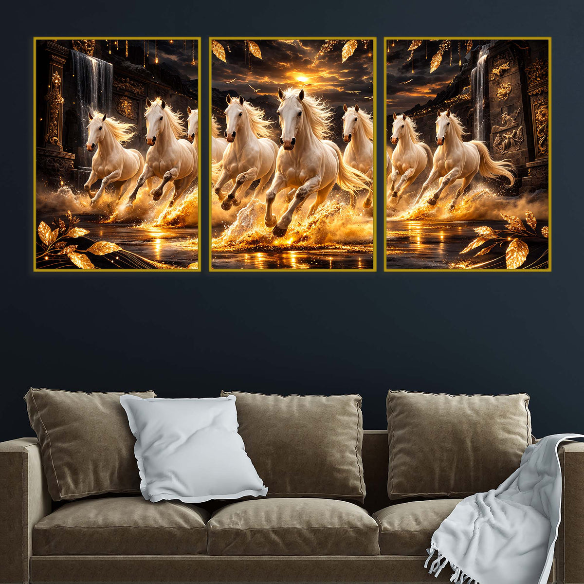 White Horses Running In Golden Splashing Water Floating Frame Crystal Wall Painting Set of 3
