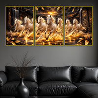 White Horses Running In Golden Splashing Water Floating Frame Crystal Wall Painting Set of 3