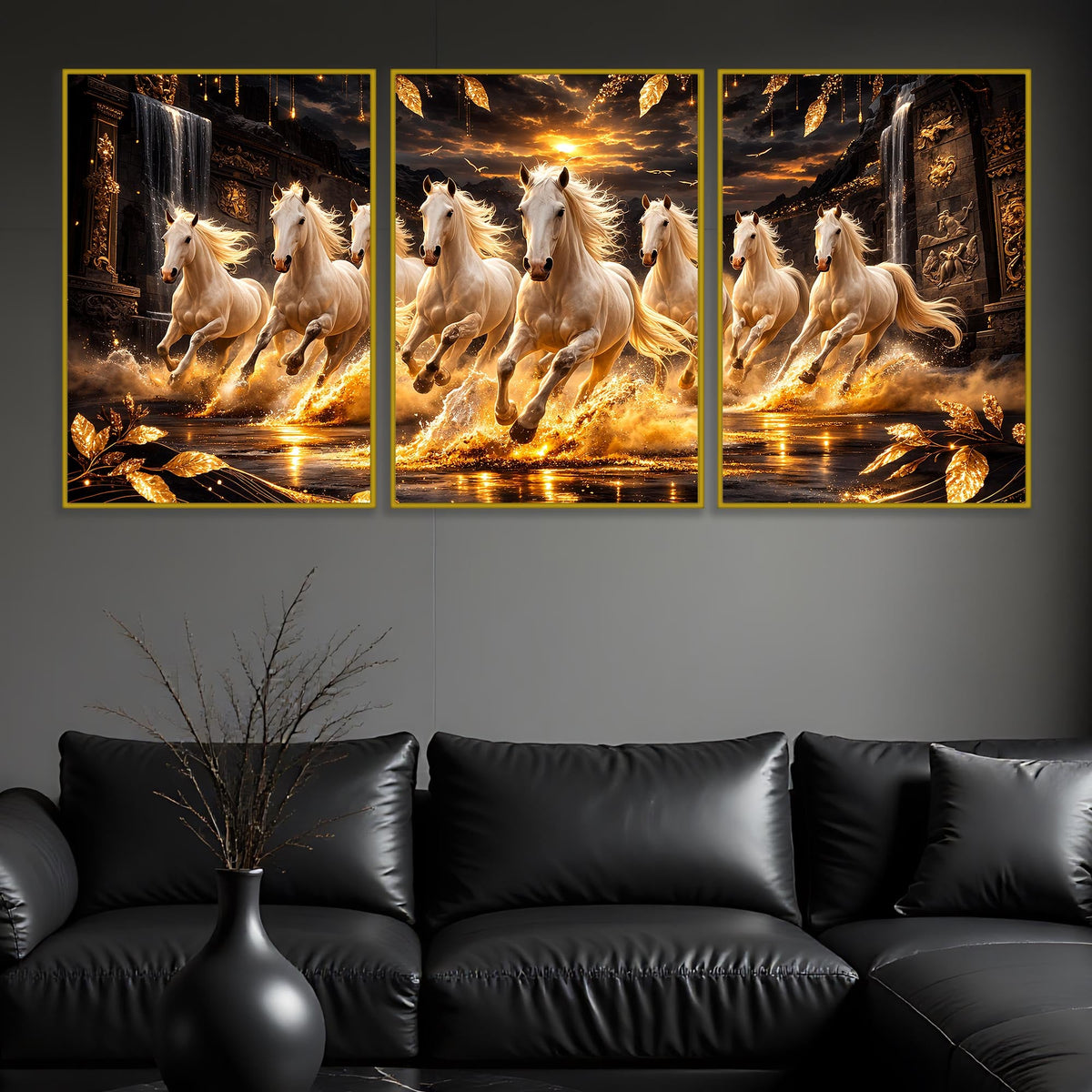 White Horses Running In Golden Splashing Water Floating Frame Crystal Wall Painting Set of 3