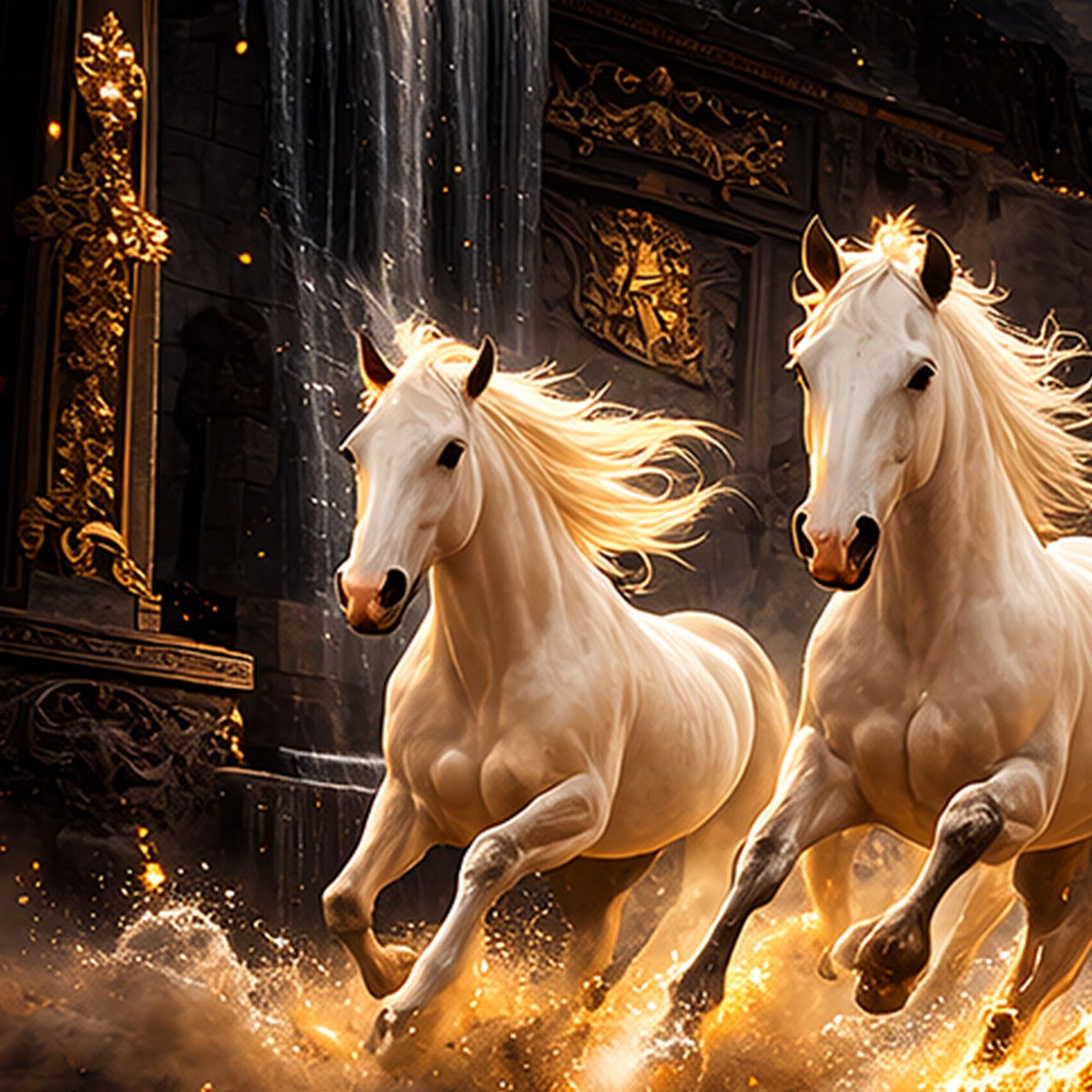 White Horses Running In Golden Splashing Water Floating Frame Crystal Wall Painting Set of 3