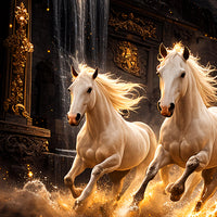 White Horses Running In Golden Splashing Water Floating Frame Crystal Wall Painting Set of 3