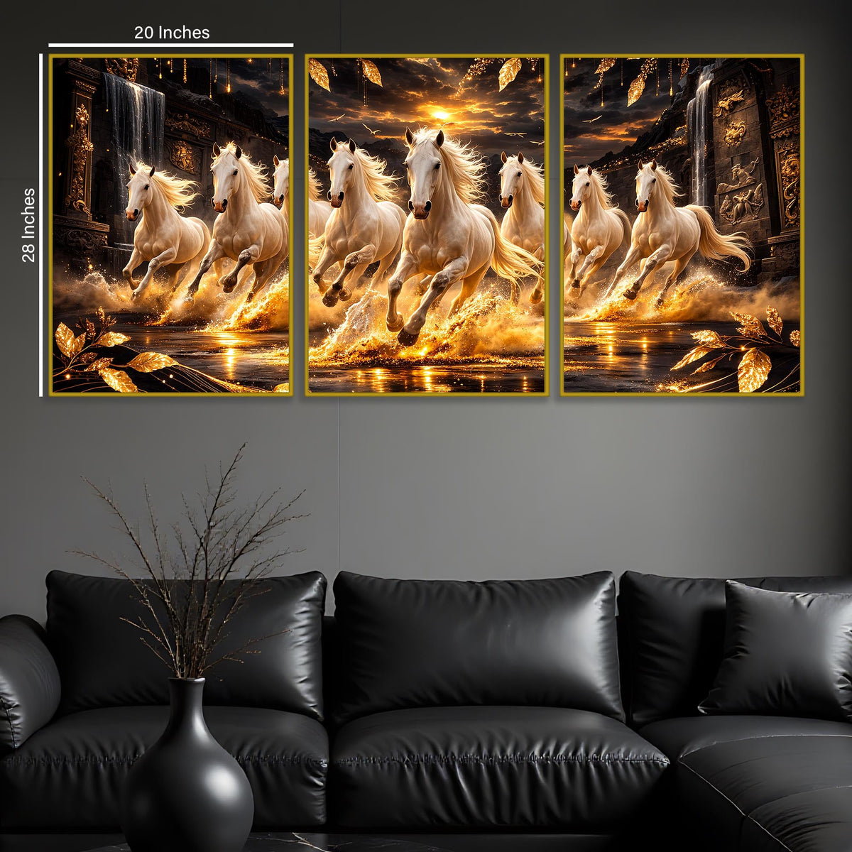 White Horses Running In Golden Splashing Water Floating Frame Crystal Wall Painting Set of 3