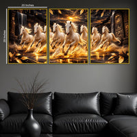 White Horses Running In Golden Splashing Water Floating Frame Crystal Wall Painting Set of 3
