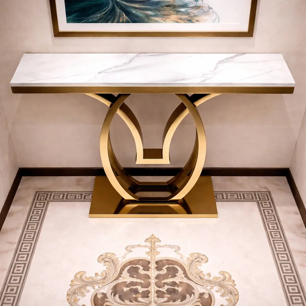 White Marble Console Table with Double Ring Gold Base