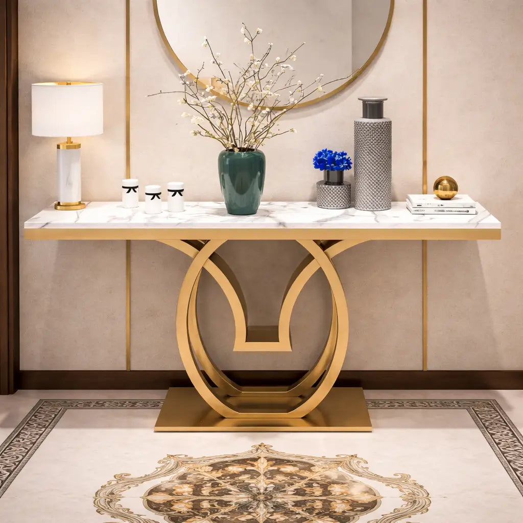 White Marble Console Table with Double Ring Gold Base