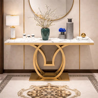 White Marble Console Table with Double Ring Gold Base