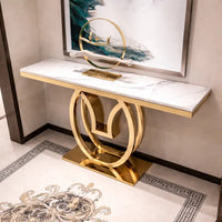 White Marble Console Table with Double Ring Gold Base