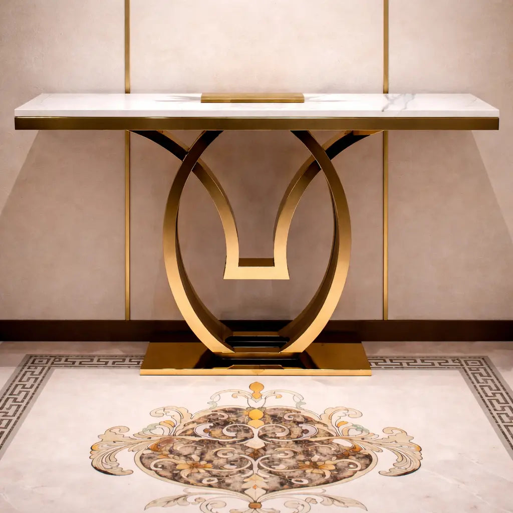 White Marble Console Table with Double Ring Gold Base
