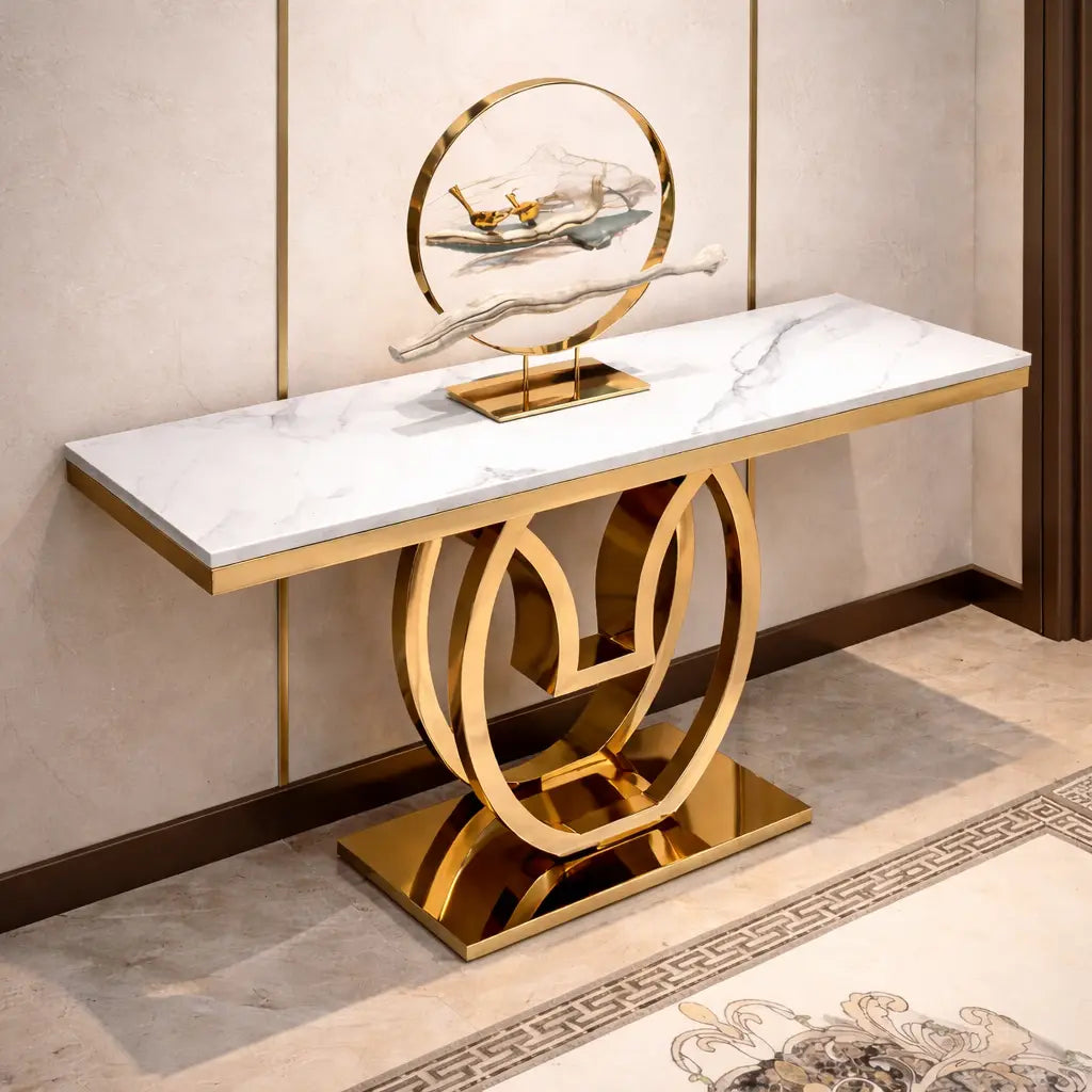 White Marble Console Table with Double Ring Gold Base