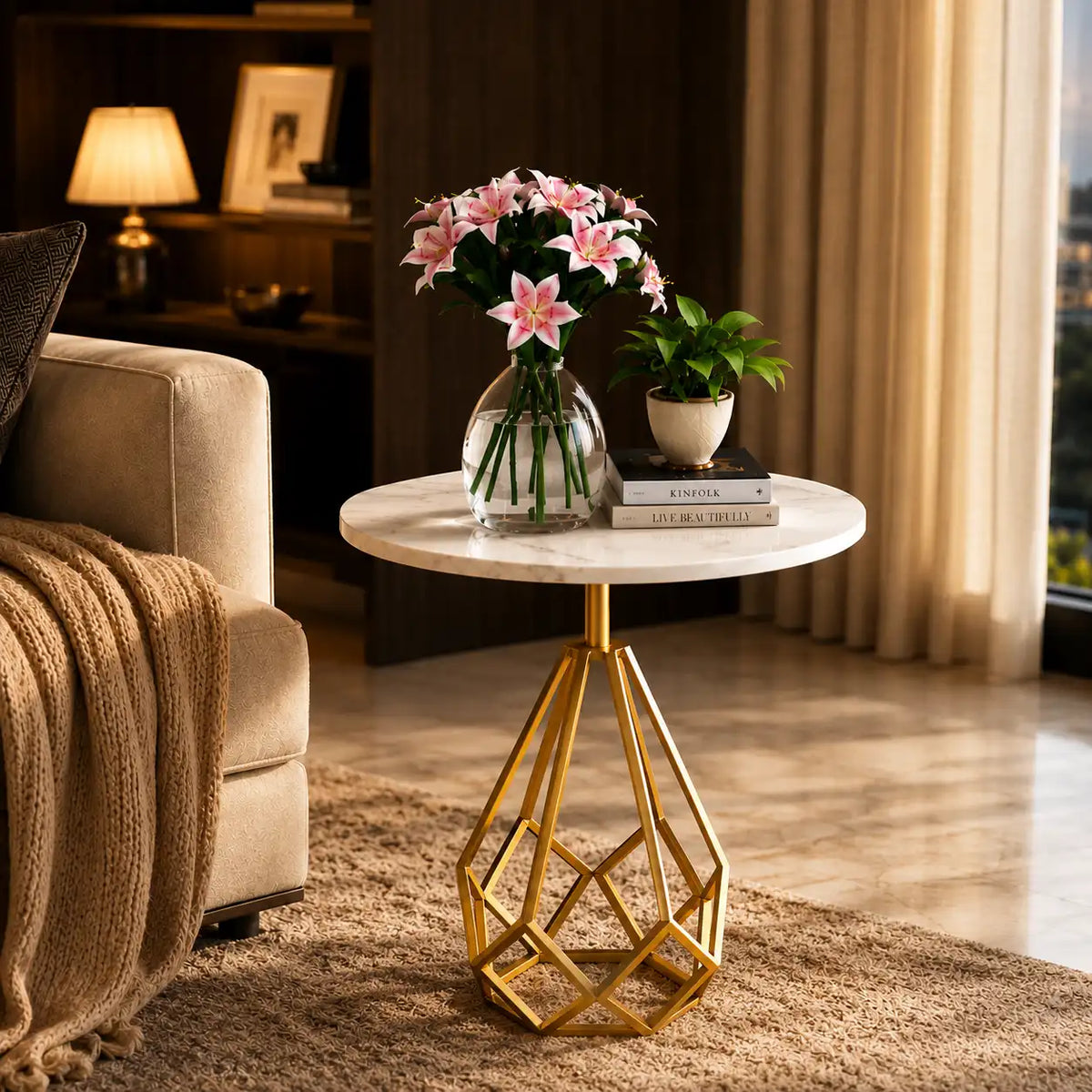 White Marble End Side Table with Hexagon Gold Stand