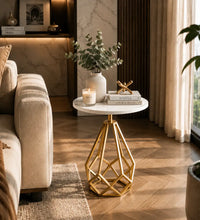 White Marble End Side Table with Hexagon Gold Stand