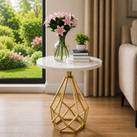 White Marble End Side Table with Hexagon Gold Stand