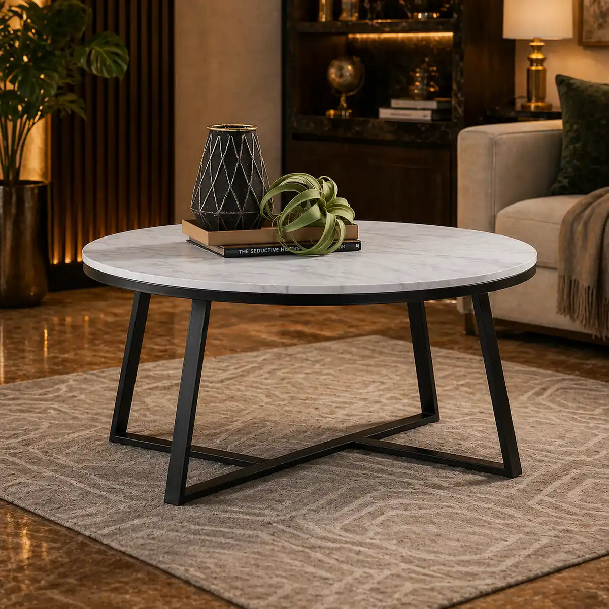 White Marble Round Coffee Table Set of 2 with Faux Marble