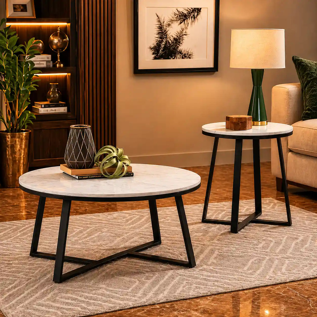 White Marble Round Coffee Table Set of 2 with Faux Marble