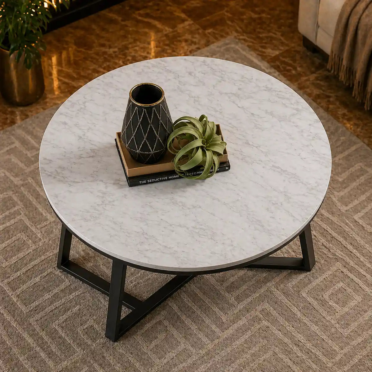 White Marble Round Coffee Table Set of 2 with Faux Marble