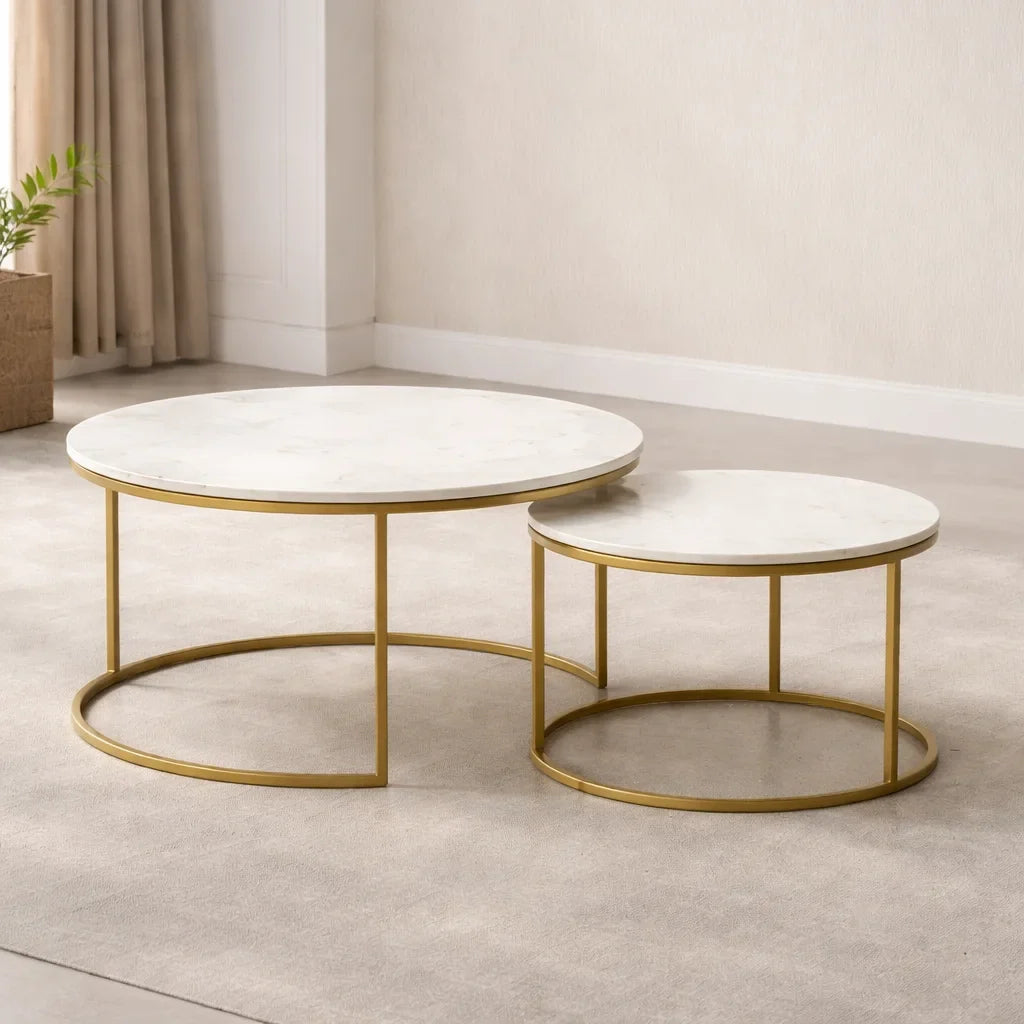White Marble Round Iron Stand Coffee Tables Set of 2
