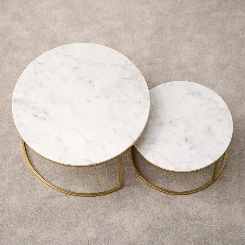 White Marble Round Iron Stand Coffee Tables Set of 2