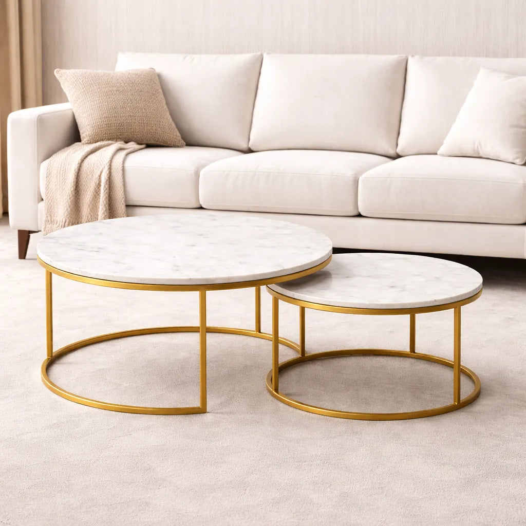 White Marble Round Iron Stand Coffee Tables Set of 2