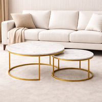 White Marble Round Iron Stand Coffee Tables Set of 2