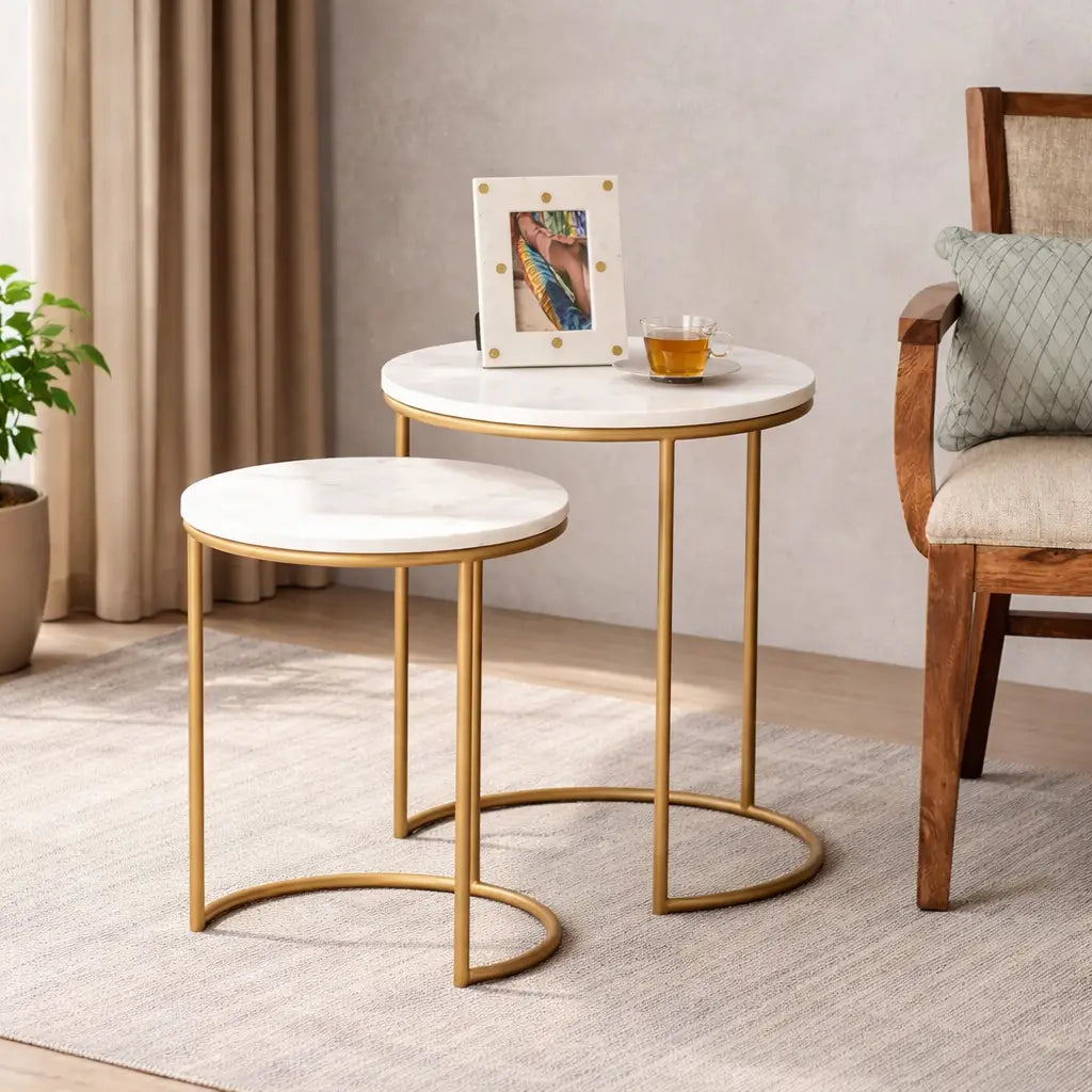 White Marble Top Iron Stand Coffee Table Set of 2