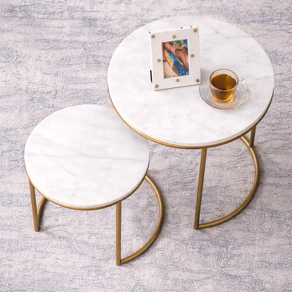White Marble Top Iron Stand Coffee Table Set of 2