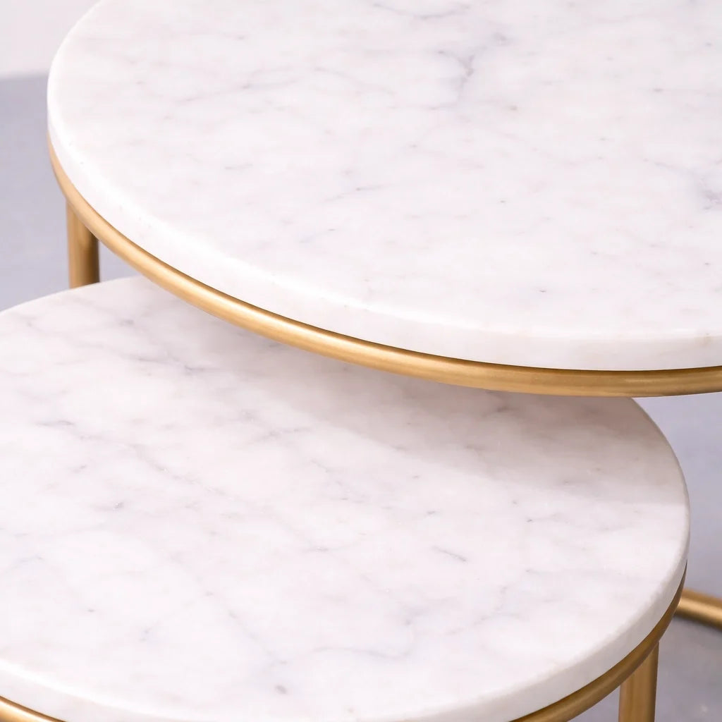 White Marble Top Iron Stand Coffee Table Set of 2