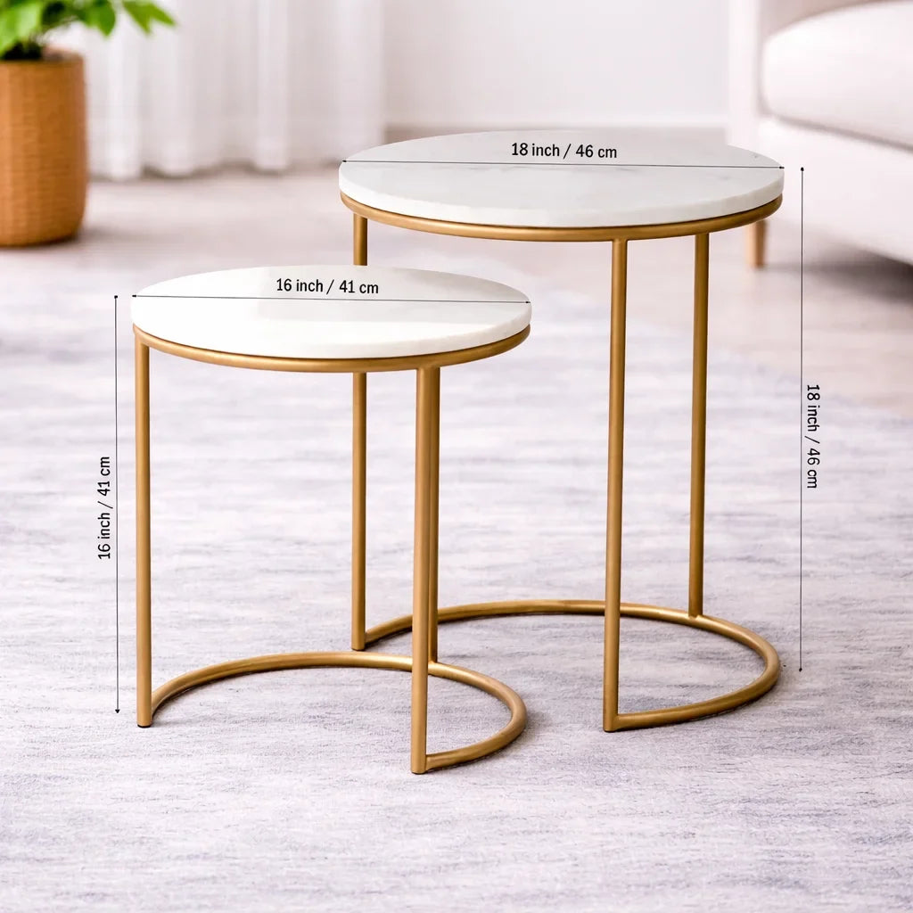 White Marble Top Iron Stand Coffee Table Set of 2