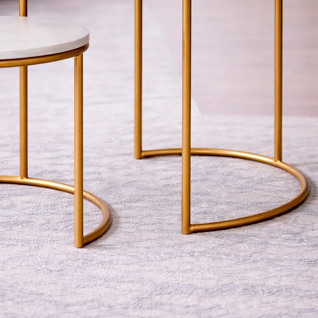 White Marble Top Iron Stand Coffee Table Set of 2