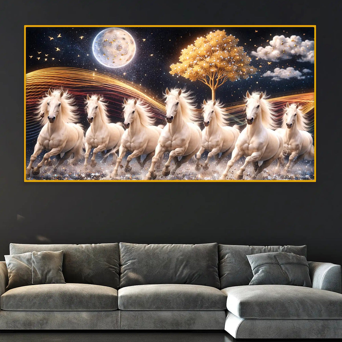 White Running Horses Under Moonlight Crystal Glass Painting