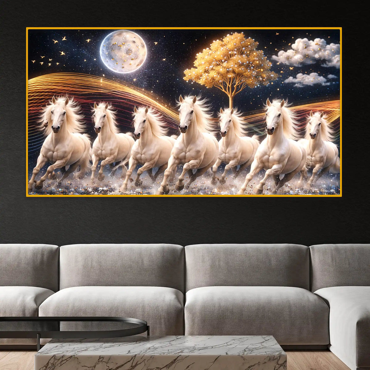 White Running Horses Under Moonlight Crystal Glass Painting