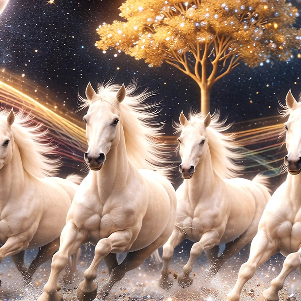 White Running Horses Under Moonlight Crystal Glass Painting
