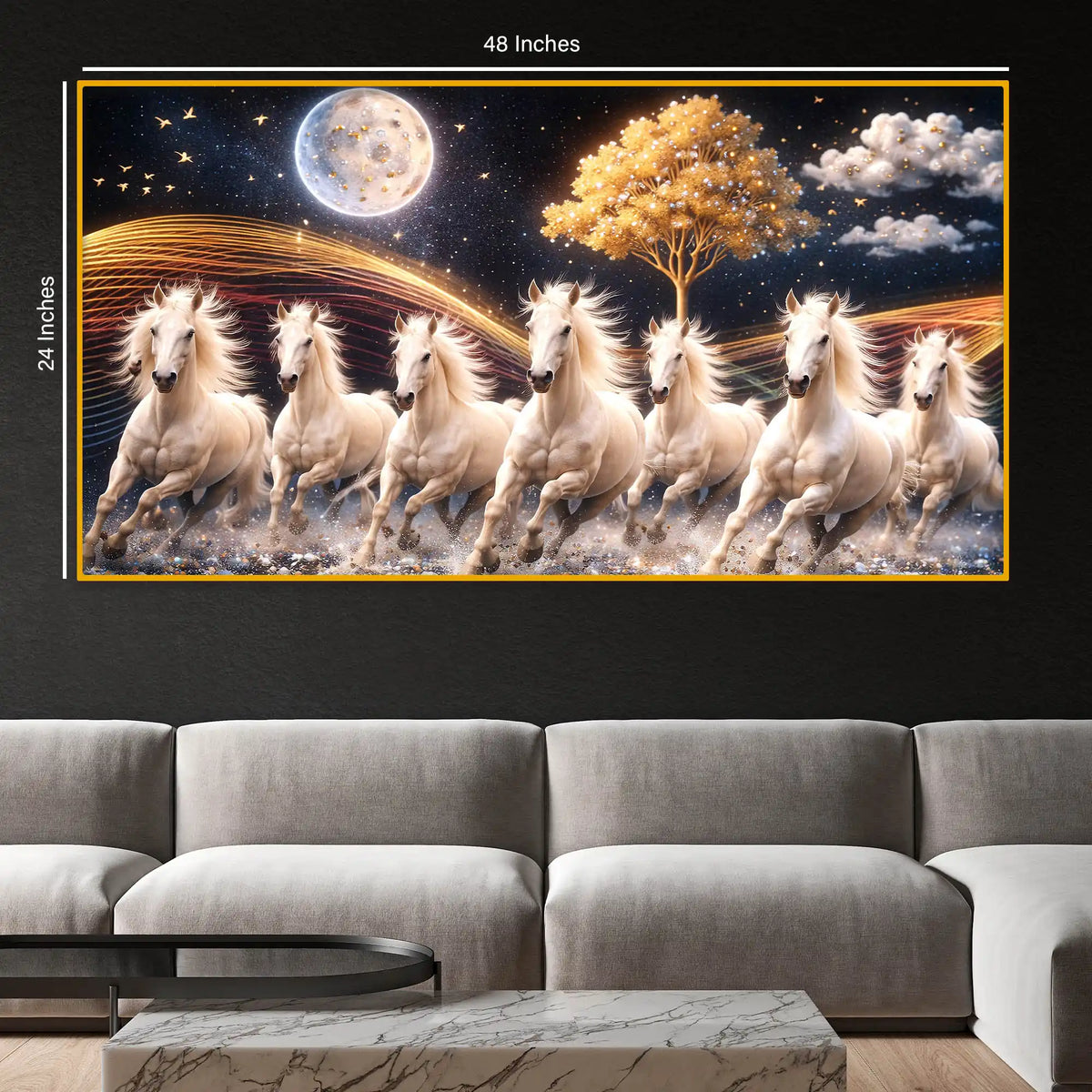 White Running Horses Under Moonlight Crystal Glass Painting
