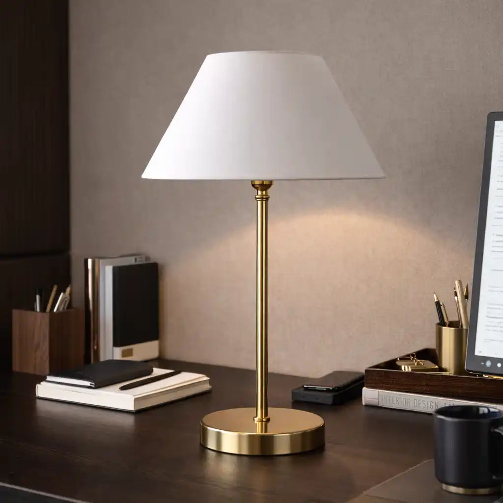 White Solid Traditional Bedside Table Lamp with Golden Finish Base