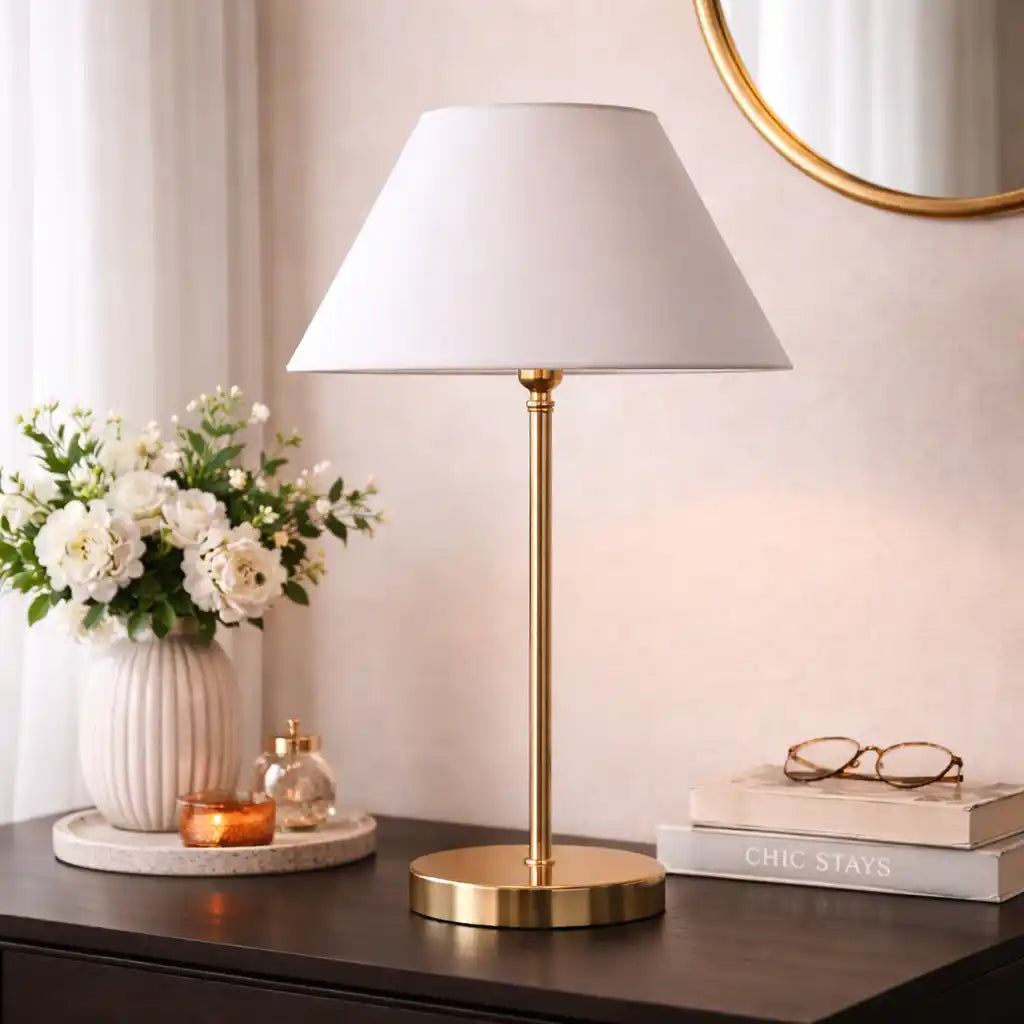 White Solid Traditional Bedside Table Lamp with Golden Finish Base