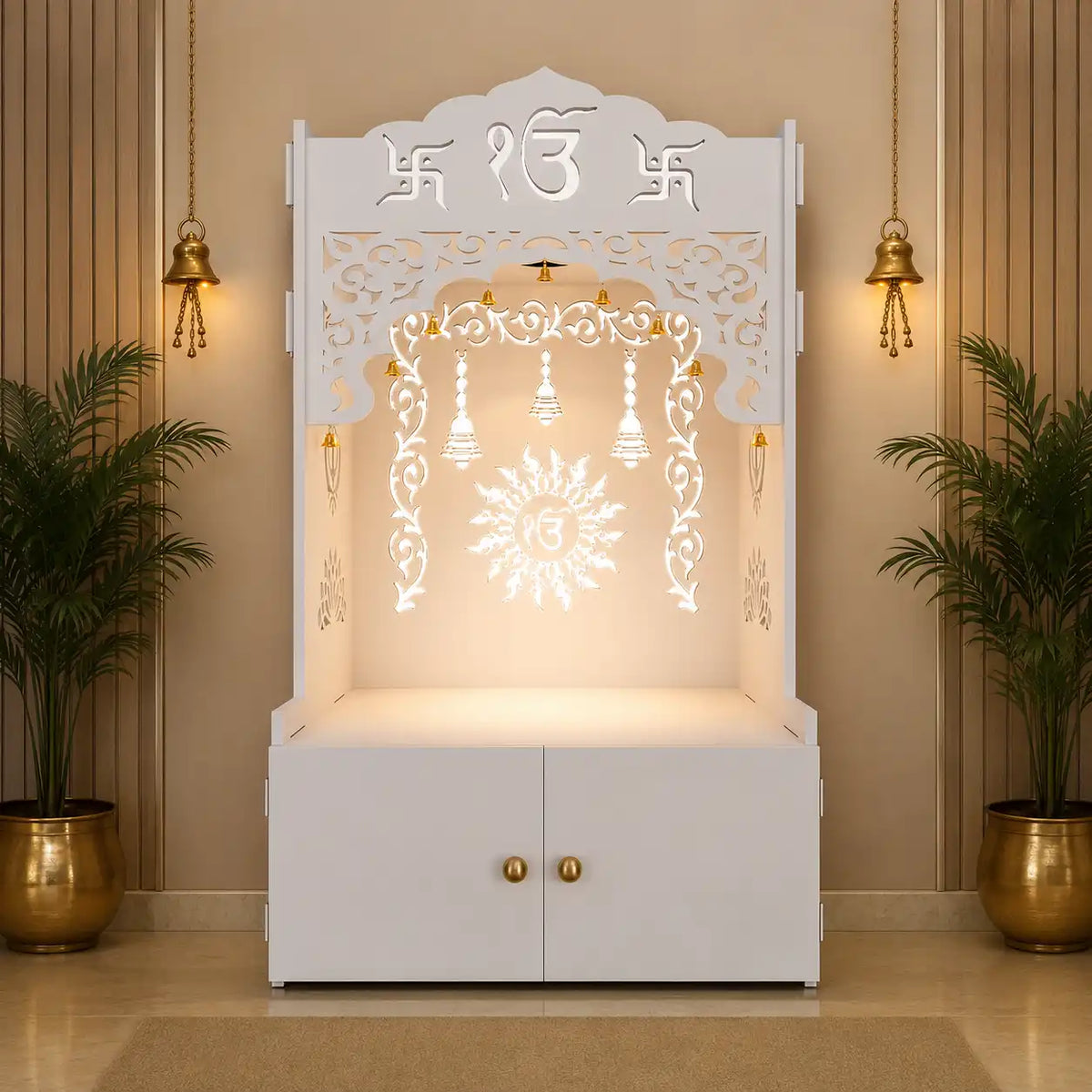 White Wooden Floor Pooja Mandir with Ik Onkar & Swastik Design Ornate Arch Laser-Cut Bell Motifs &Cabinet