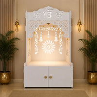 White Wooden Floor Pooja Mandir with Ik Onkar & Swastik Design Ornate Arch Laser-Cut Bell Motifs &Cabinet