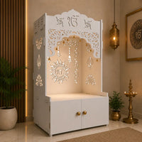 White Wooden Floor Pooja Mandir with Ik Onkar & Swastik Design Ornate Arch Laser-Cut Bell Motifs &Cabinet
