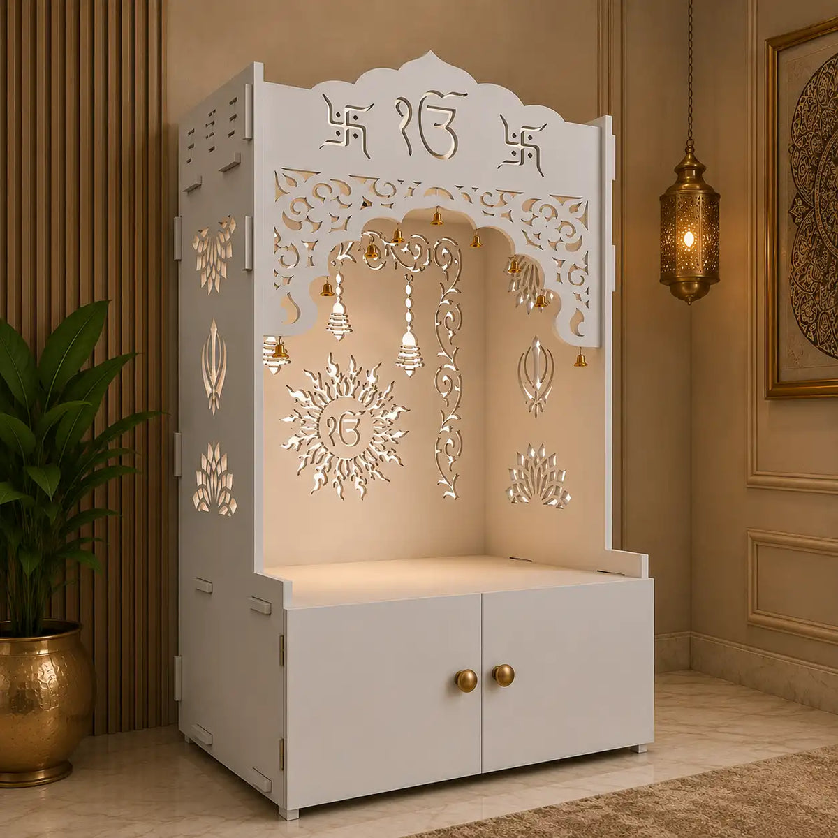 White Wooden Floor Pooja Mandir with Ik Onkar & Swastik Design Ornate Arch Laser-Cut Bell Motifs &Cabinet