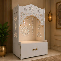 White Wooden Floor Pooja Mandir with Ik Onkar & Swastik Design Ornate Arch Laser-Cut Bell Motifs &Cabinet