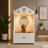 White Wooden Floor Pooja Mandir with Kalash & Om Top Design Lotus Pattern Back Panel Storage Cabinet
