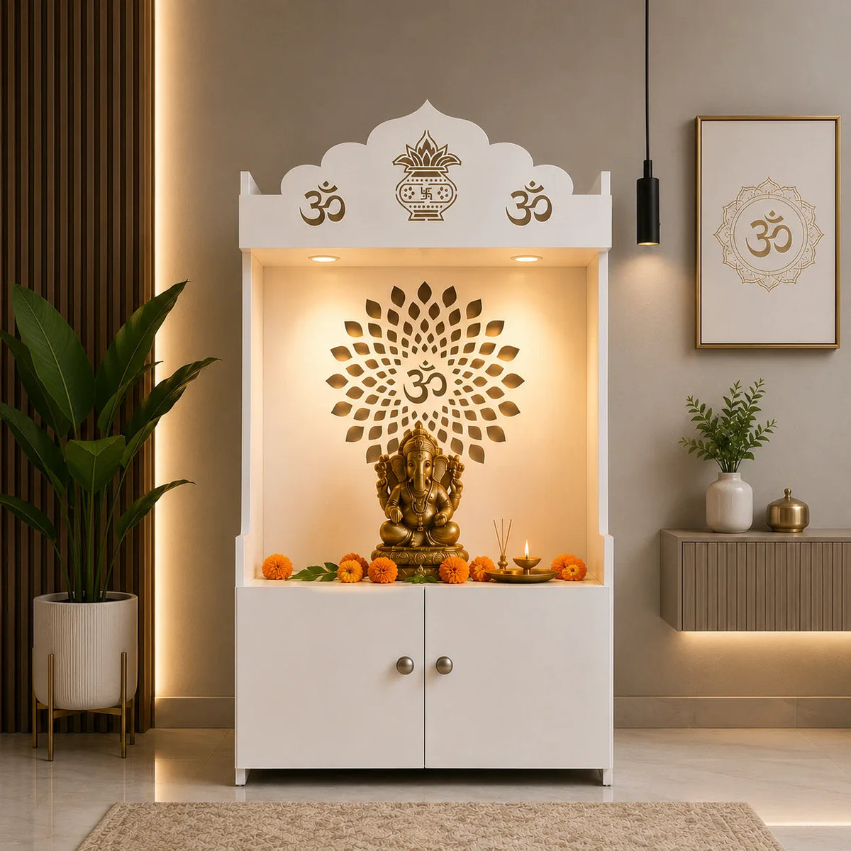 White Wooden Floor Pooja Mandir with Kalash & Om Top Design Lotus Pattern Back Panel Storage Cabinet