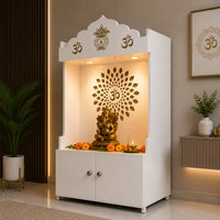 White Wooden Floor Pooja Mandir with Kalash & Om Top Design Lotus Pattern Back Panel Storage Cabinet