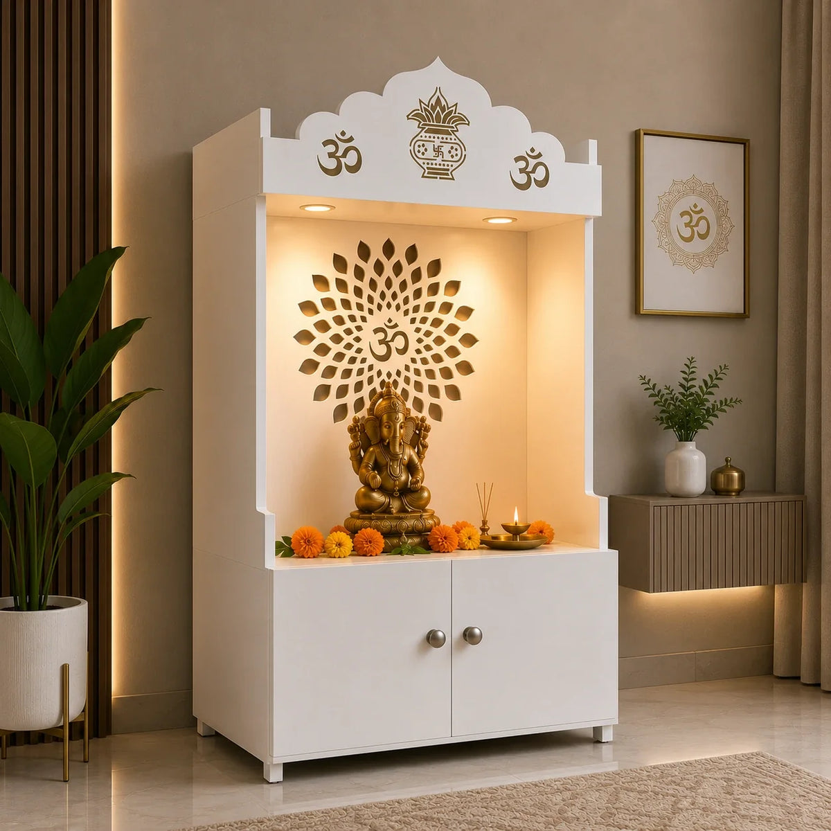 White Wooden Floor Pooja Mandir with Kalash & Om Top Design Lotus Pattern Back Panel Storage Cabinet