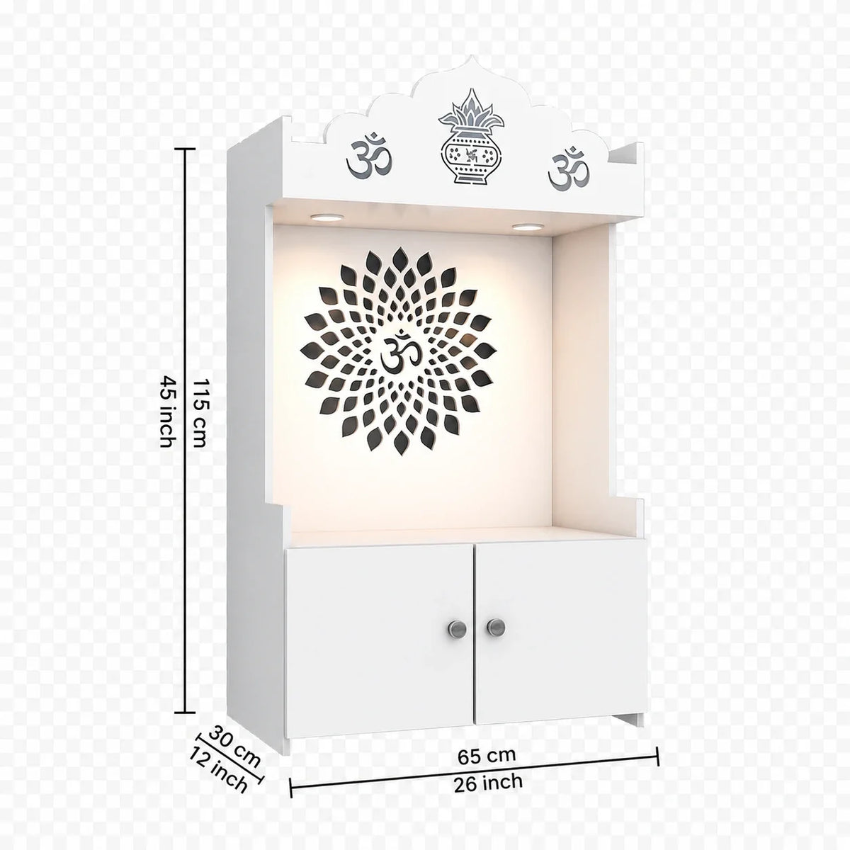 White Wooden Floor Pooja Mandir with Kalash & Om Top Design Lotus Pattern Back Panel Storage Cabinet