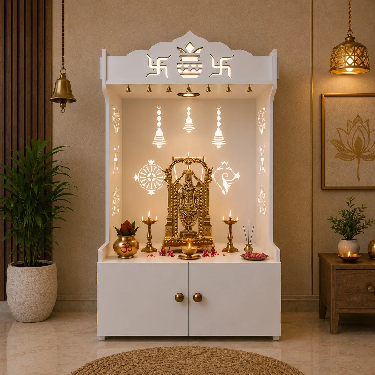 White Wooden Floor Pooja Mandir with Kalash & Swastik Design Laser-Cut Bell Shankh & Chakra Motifs & Storage Cabinet