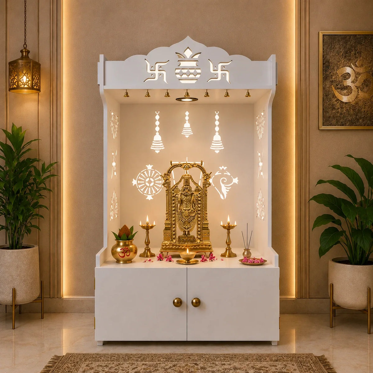White Wooden Floor Pooja Mandir with Kalash & Swastik Design Laser-Cut Bell Shankh & Chakra Motifs & Storage Cabinet