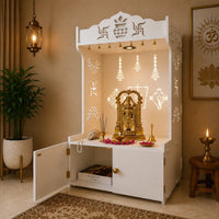 White Wooden Floor Pooja Mandir with Kalash & Swastik Design Laser-Cut Bell Shankh & Chakra Motifs & Storage Cabinet