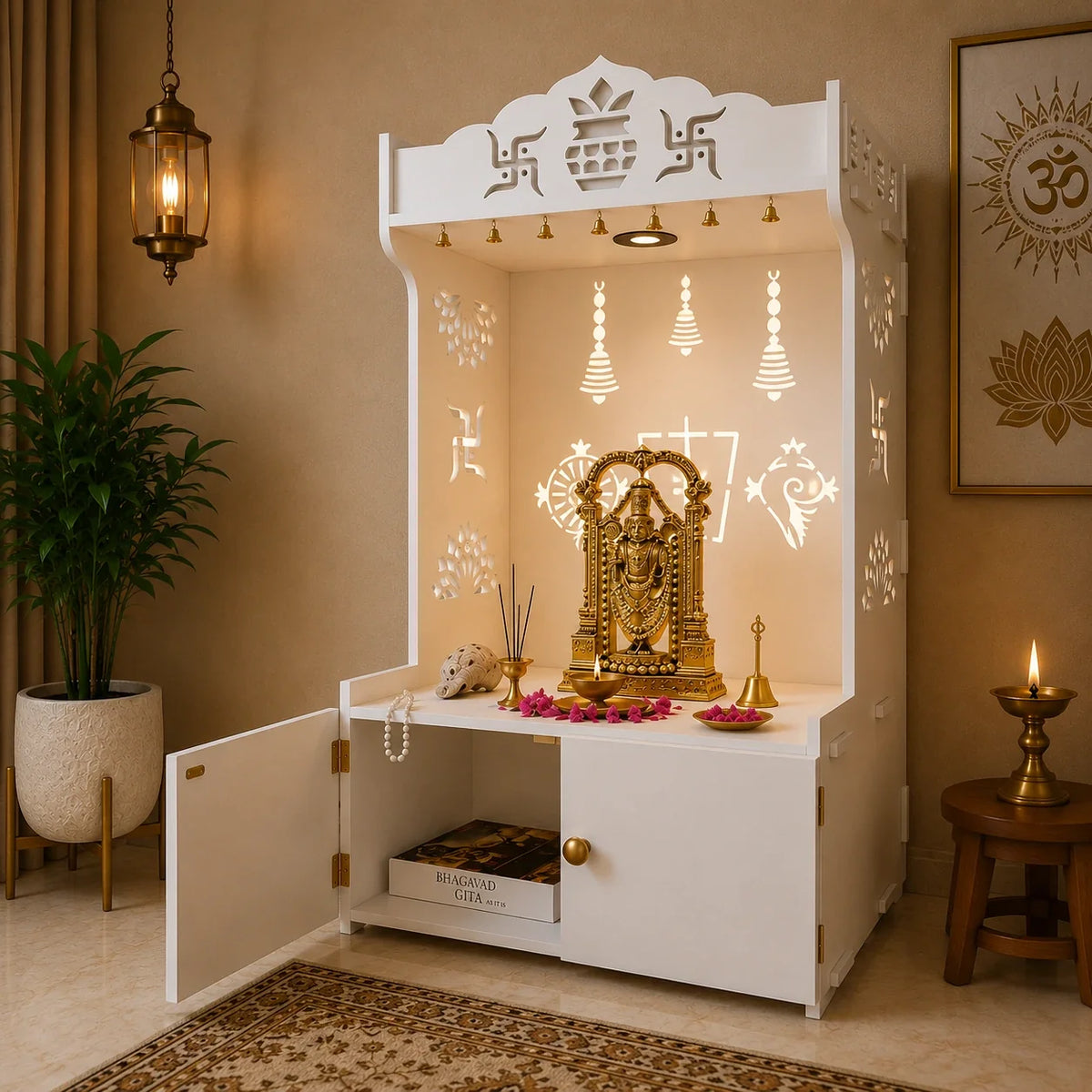 White Wooden Floor Pooja Mandir with Kalash & Swastik Design Laser-Cut Bell Shankh & Chakra Motifs & Storage Cabinet