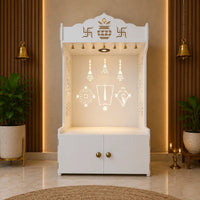 White Wooden Floor Pooja Mandir with Kalash & Swastik Design Laser-Cut Bell Shankh & Chakra Motifs & Storage Cabinet